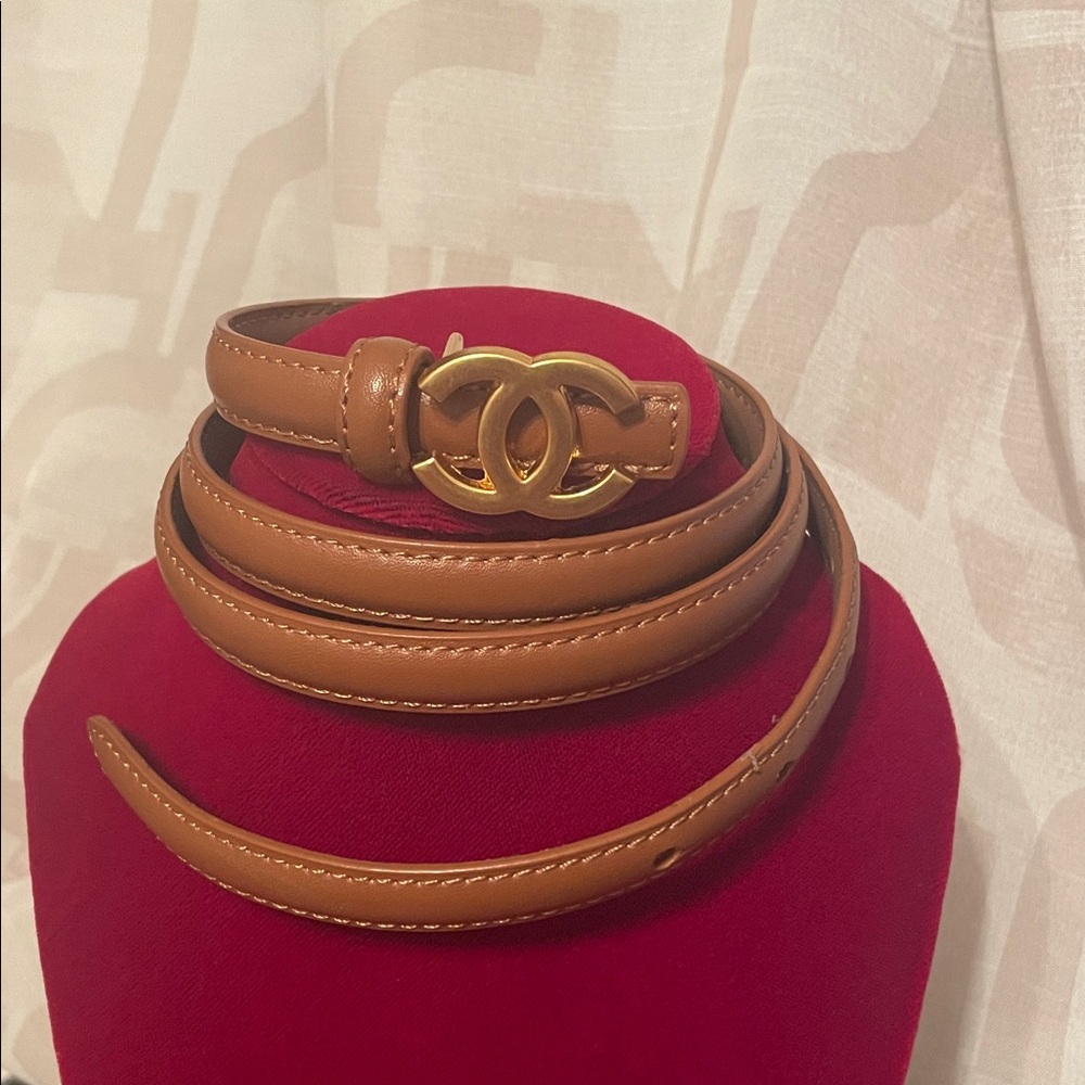 CC LIKE Tan Leather Slim Belt with Gold CC Buckle SMALL/med
